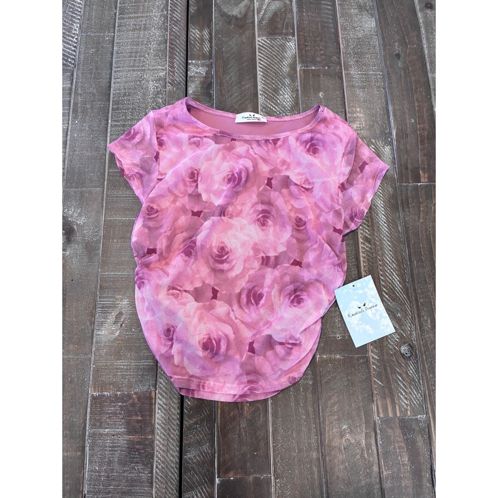 Rebellious‎ Dreamer Pink Rose Floral Mesh Top Short Sleeve XS NEW
